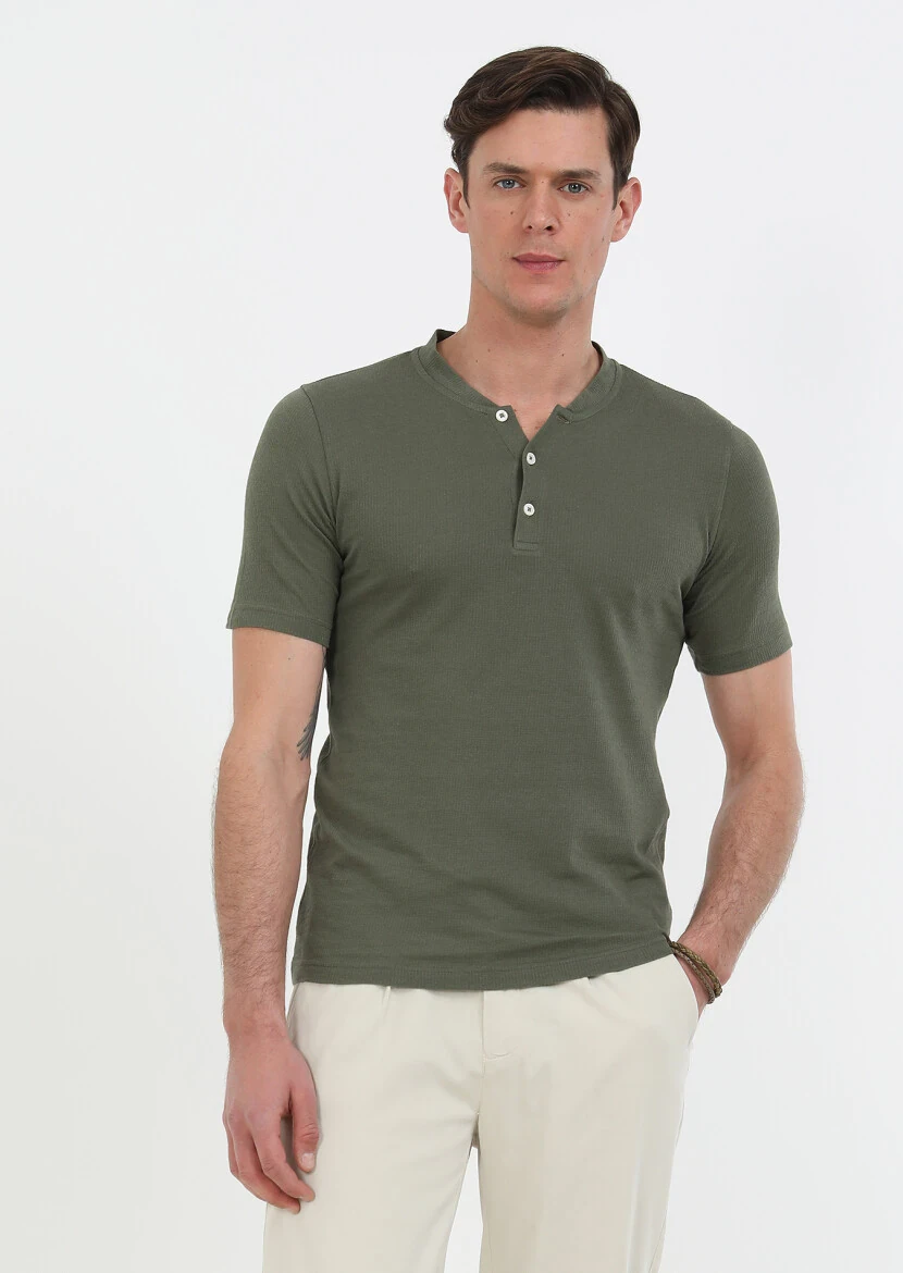 Khaki Jacquard Crew Neck 100% Cotton T-Shirt - 1