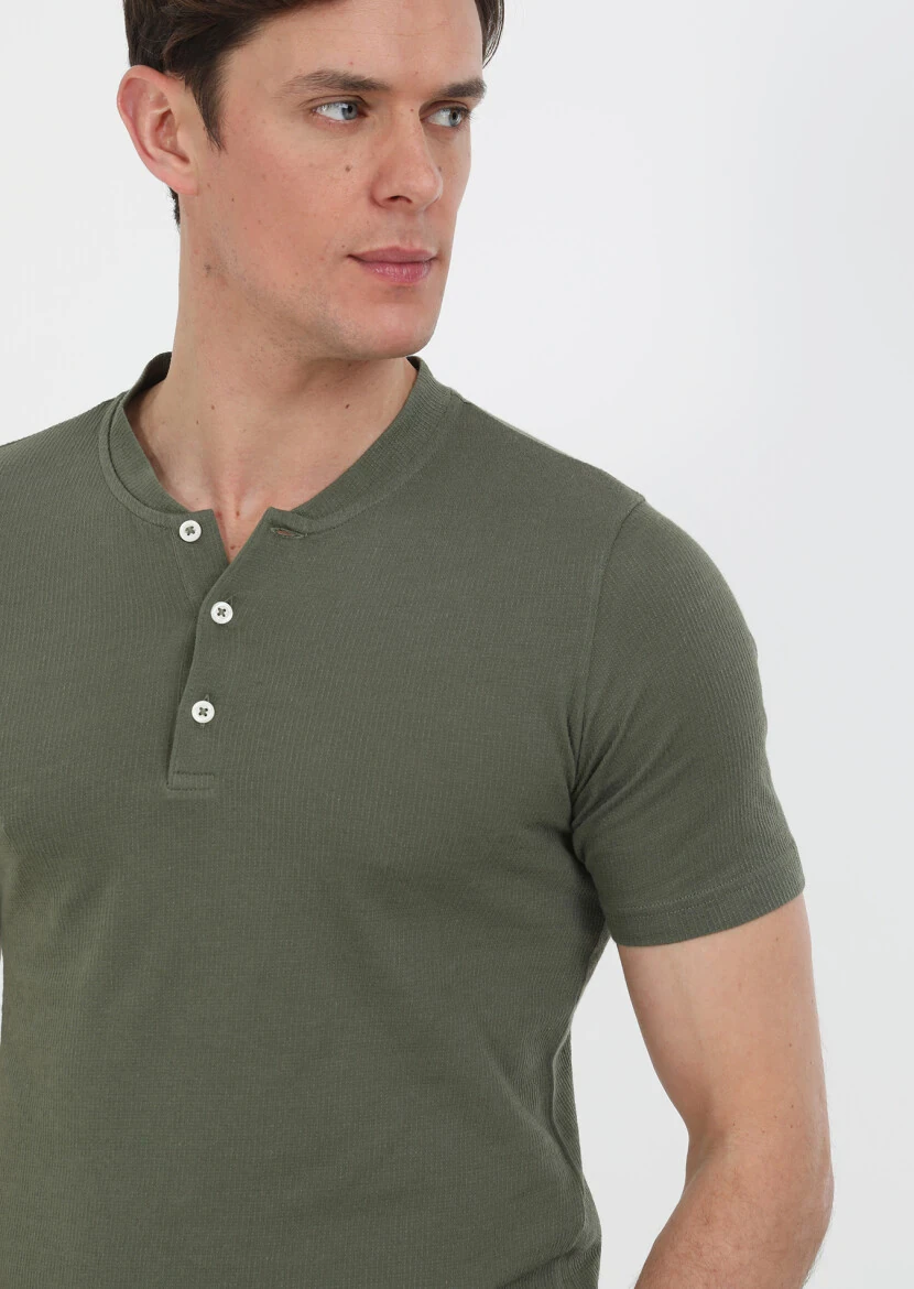 Khaki Jacquard Crew Neck 100% Cotton T-Shirt - 3