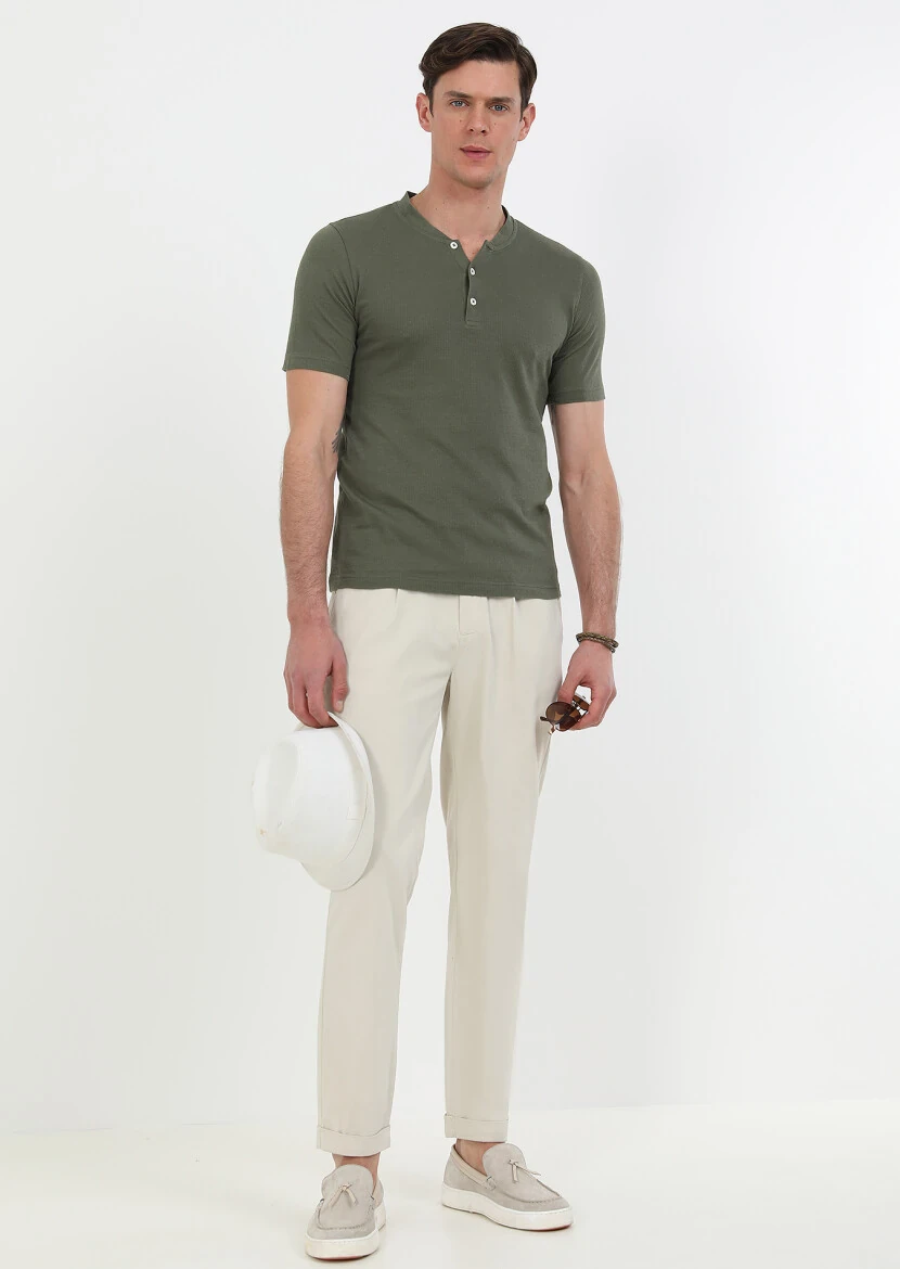 Khaki Jacquard Crew Neck 100% Cotton T-Shirt - 4