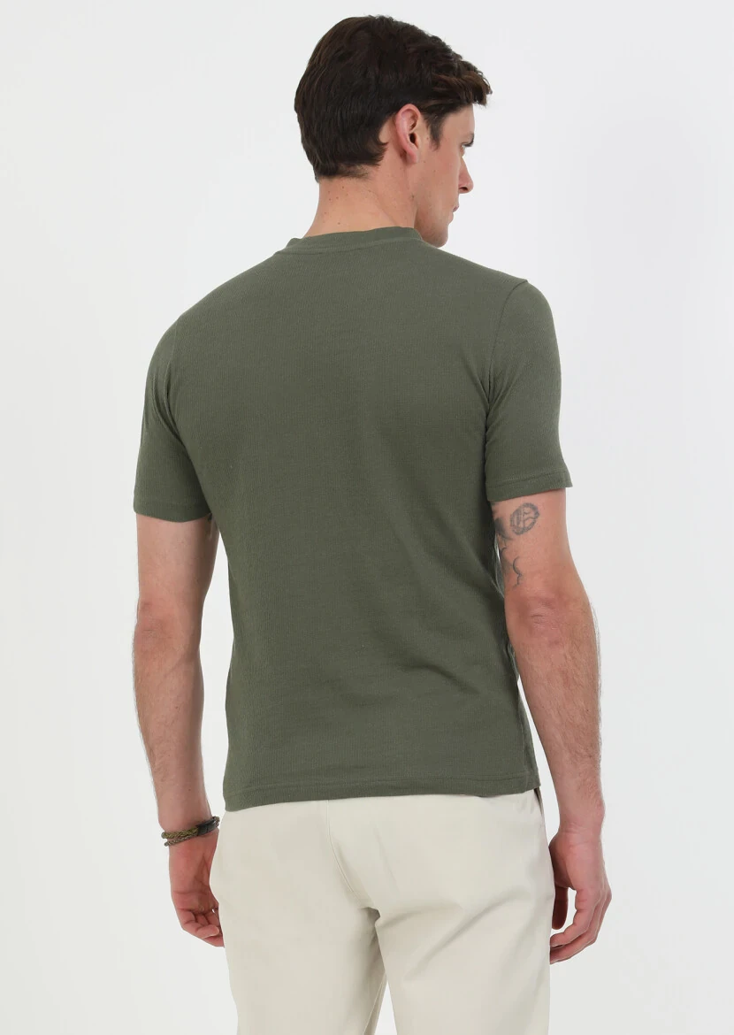 Khaki Jacquard Crew Neck 100% Cotton T-Shirt - 5