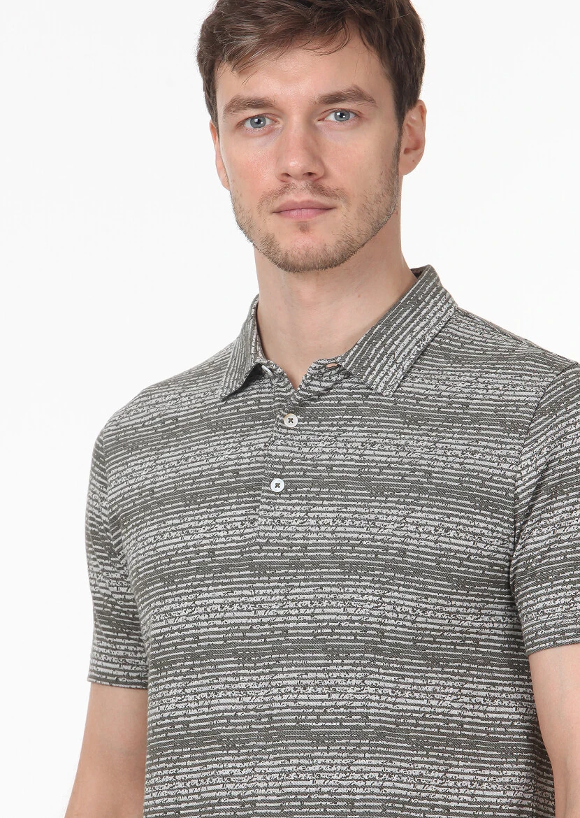Khaki Jacquard Polo Neck 100% Cotton T-Shirt 