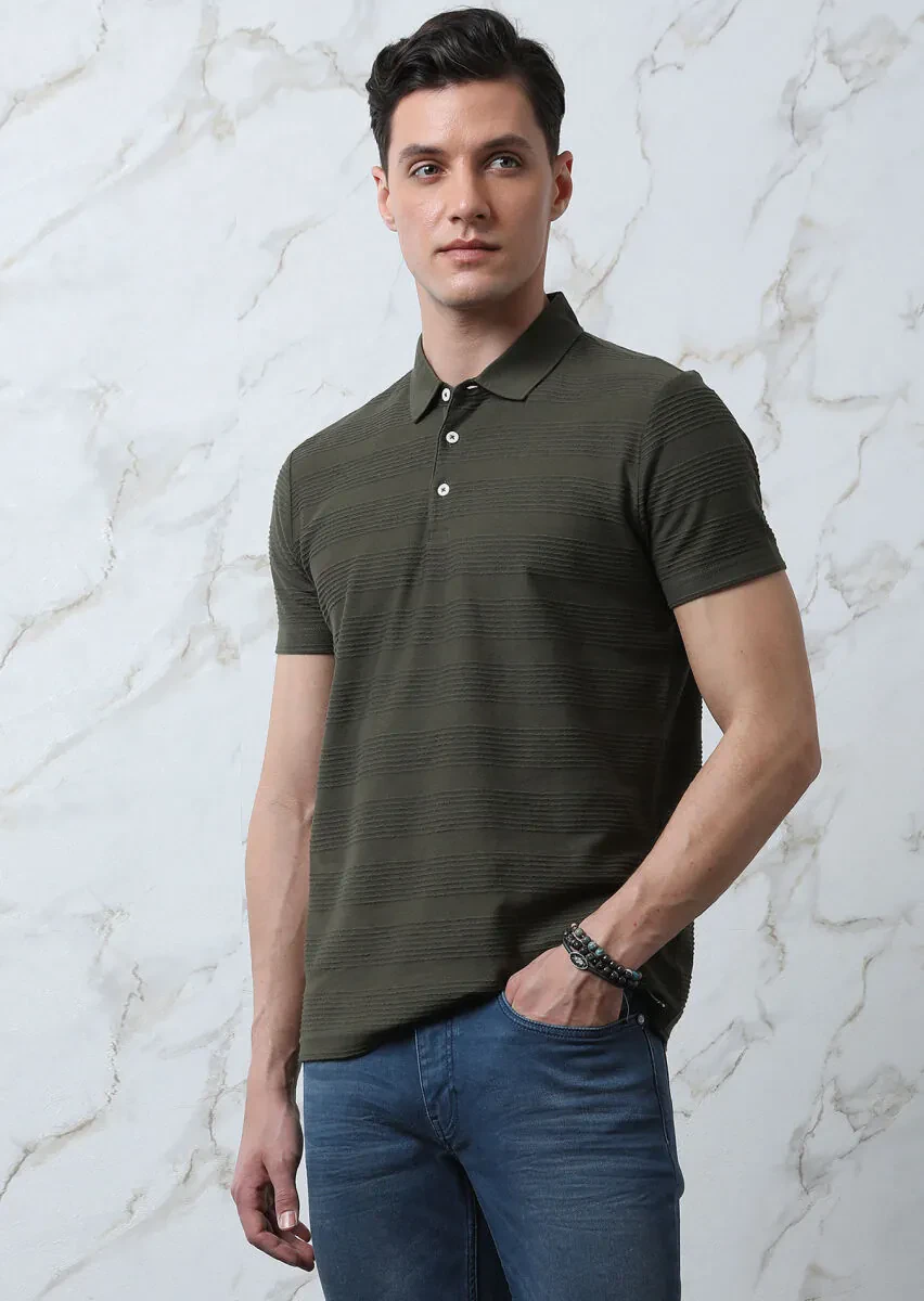 Khaki Jacquard Polo Neck 100% Cotton T-Shirt - 1