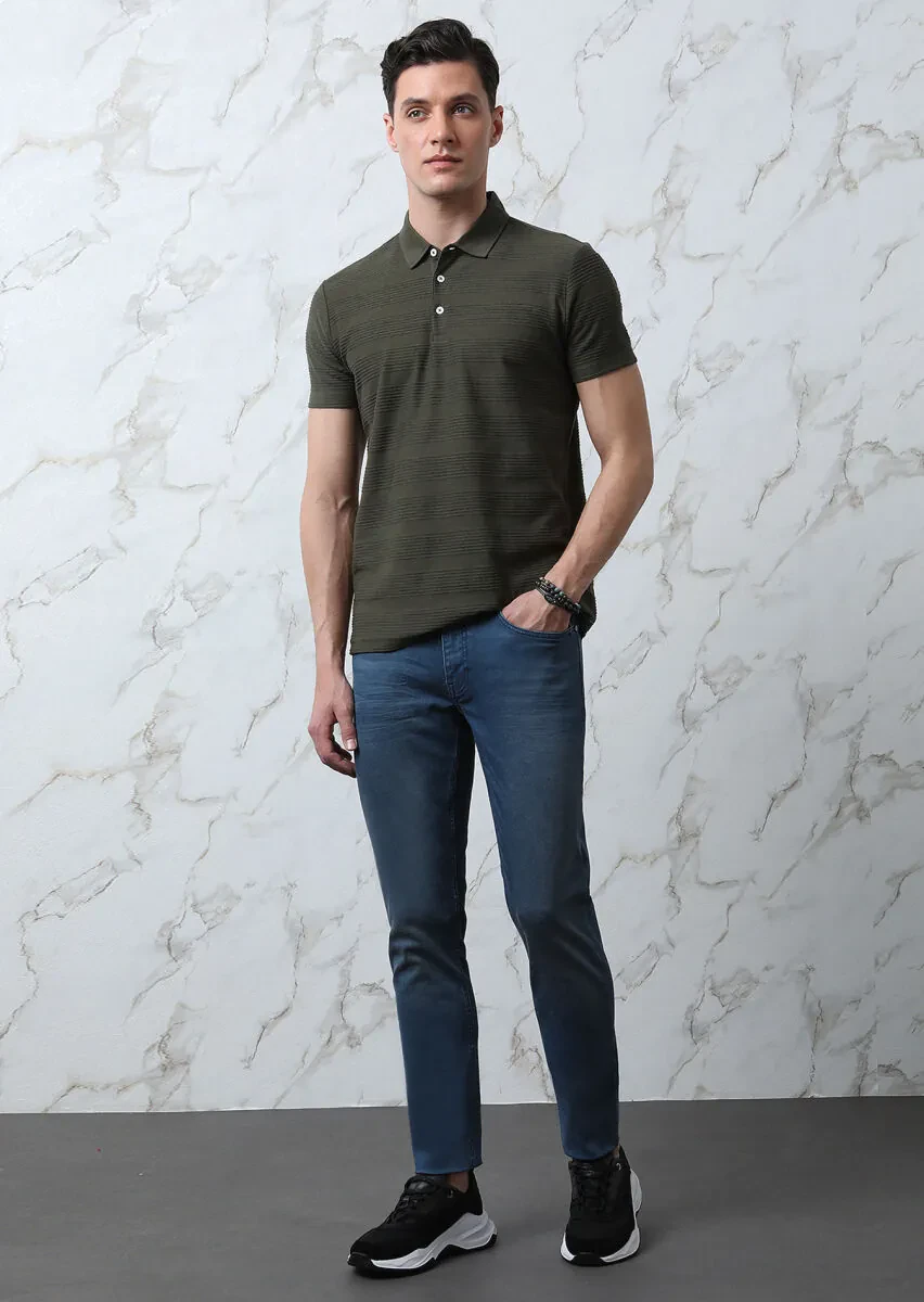 Khaki Jacquard Polo Neck 100% Cotton T-Shirt - 2