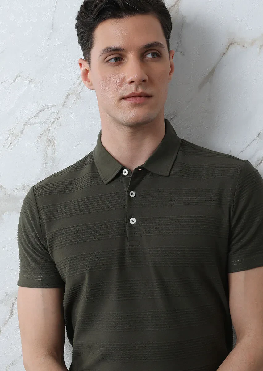 Khaki Jacquard Polo Neck 100% Cotton T-Shirt - 3