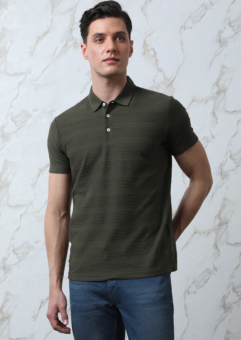 Khaki Jacquard Polo Neck 100% Cotton T-Shirt - 4