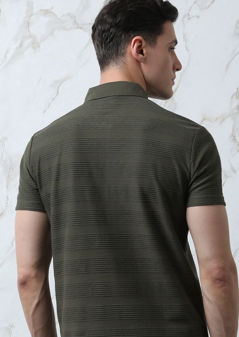 Khaki Jacquard Polo Neck 100% Cotton T-Shirt - 5