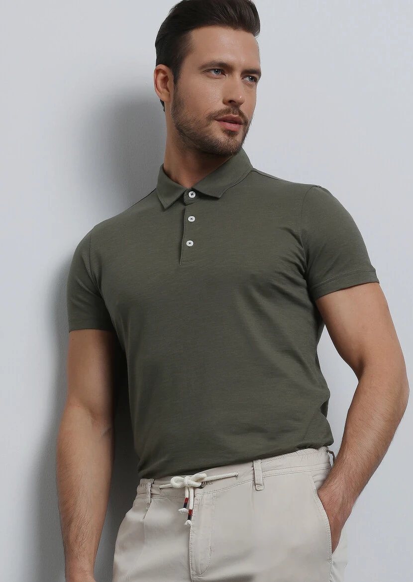 Khaki Jacquard Polo Neck 100% Cotton T-Shirt - 3