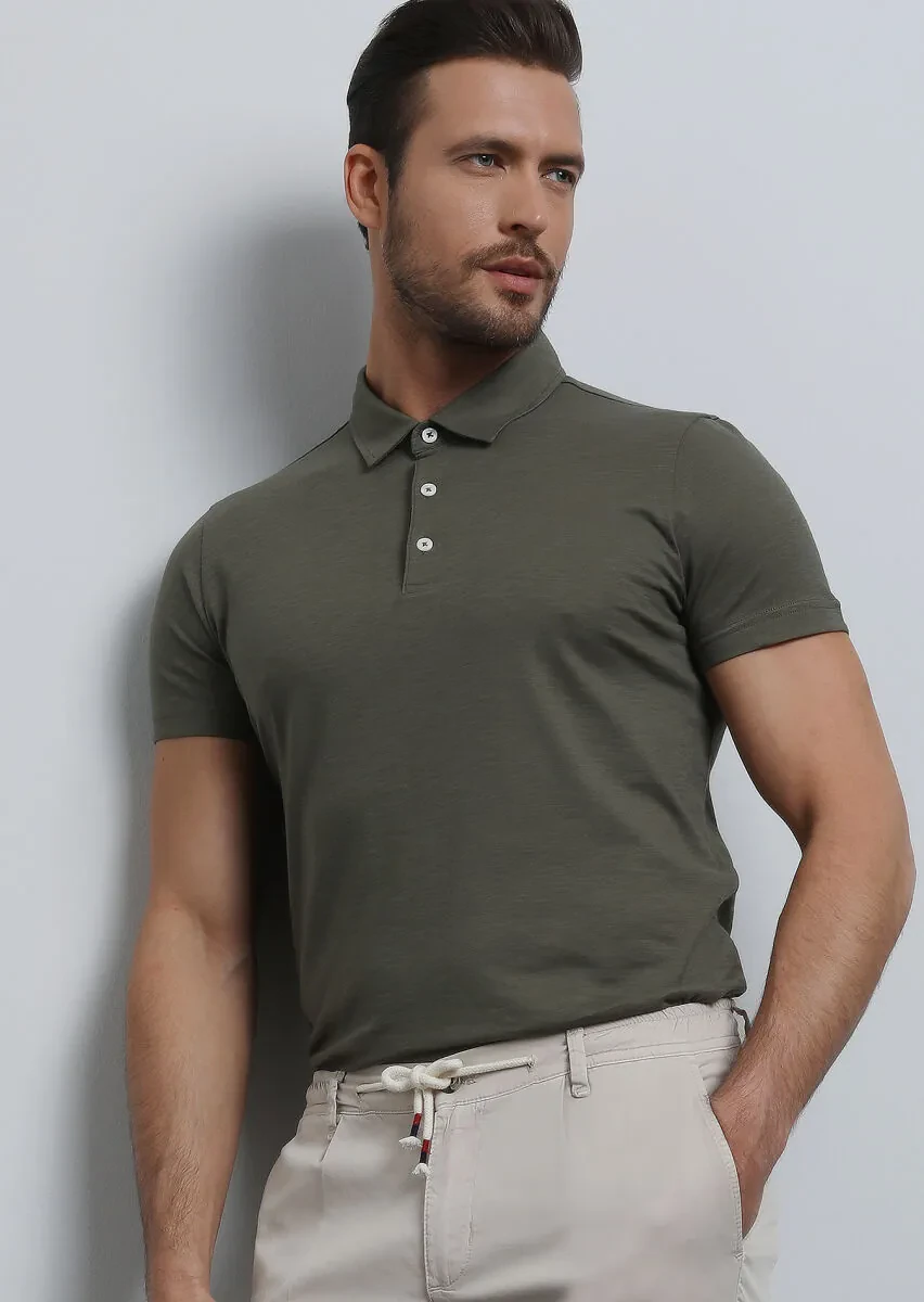 Khaki Jacquard Polo Neck 100% Cotton T-Shirt - 3