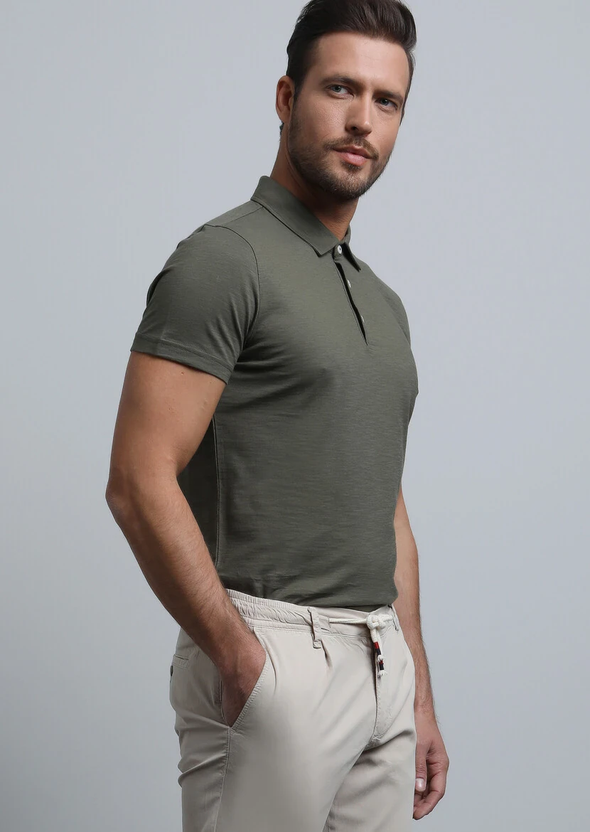 Khaki Jacquard Polo Neck 100% Cotton T-Shirt - 4