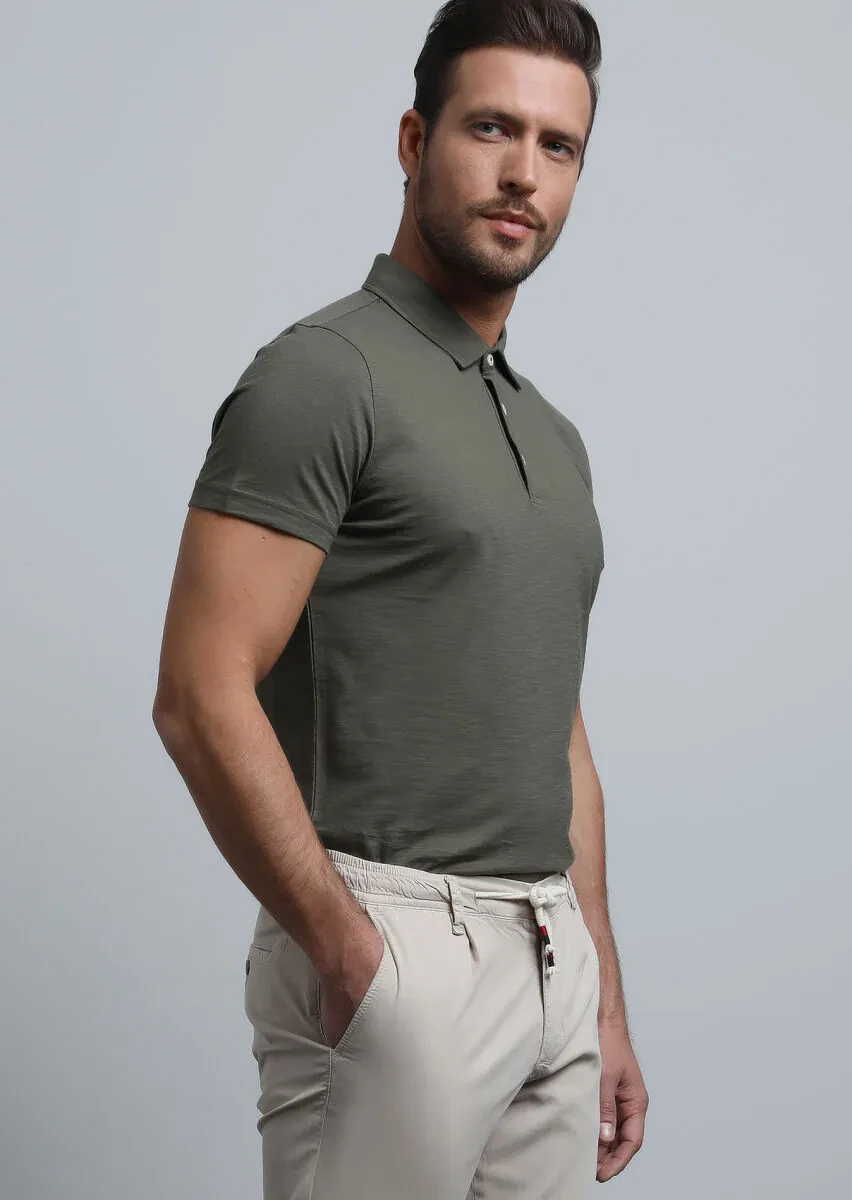 Khaki Jacquard Polo Neck 100% Cotton T-Shirt - 4