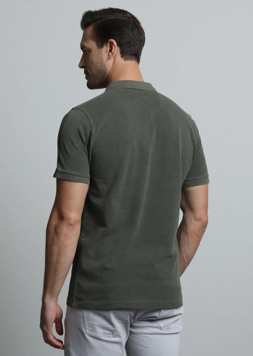 Khaki Jacquard Polo Neck 100% Cotton T-Shirt - 5