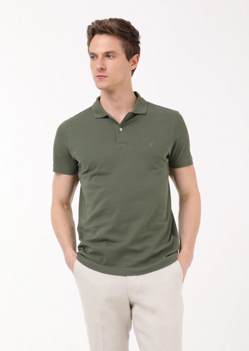Khaki Jacquard Polo Neck 100% Cotton T-Shirt - 1