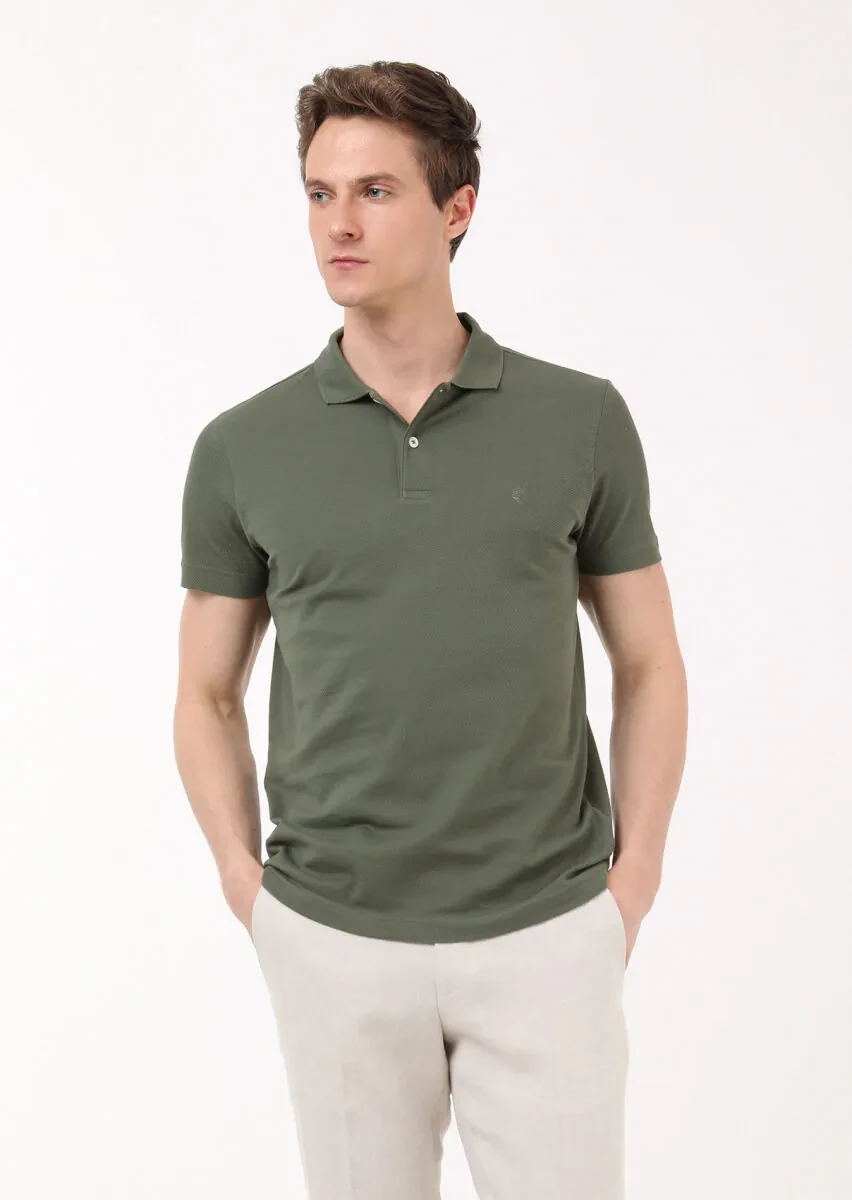 Khaki Jacquard Polo Neck 100% Cotton T-Shirt - 1