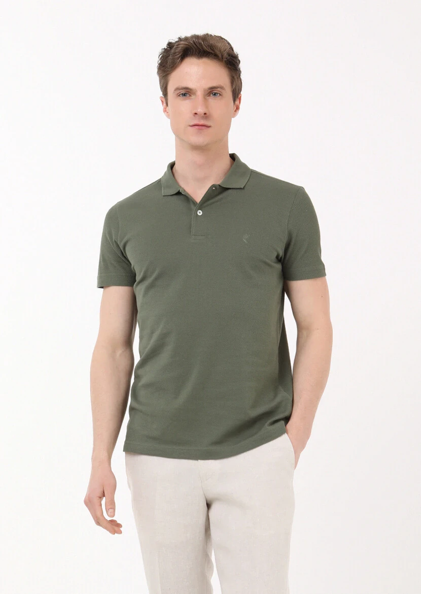 Khaki Jacquard Polo Neck 100% Cotton T-Shirt - 3