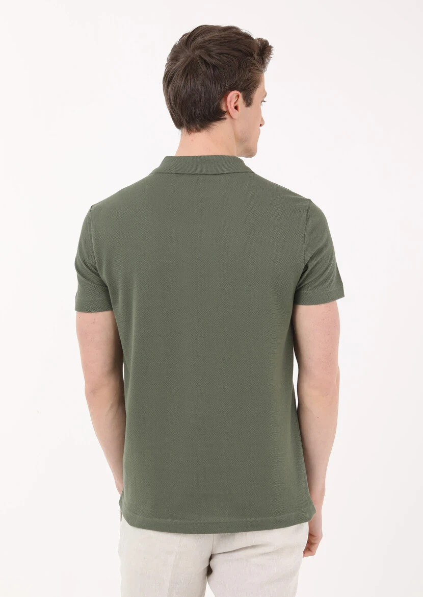 Khaki Jacquard Polo Neck 100% Cotton T-Shirt - 4