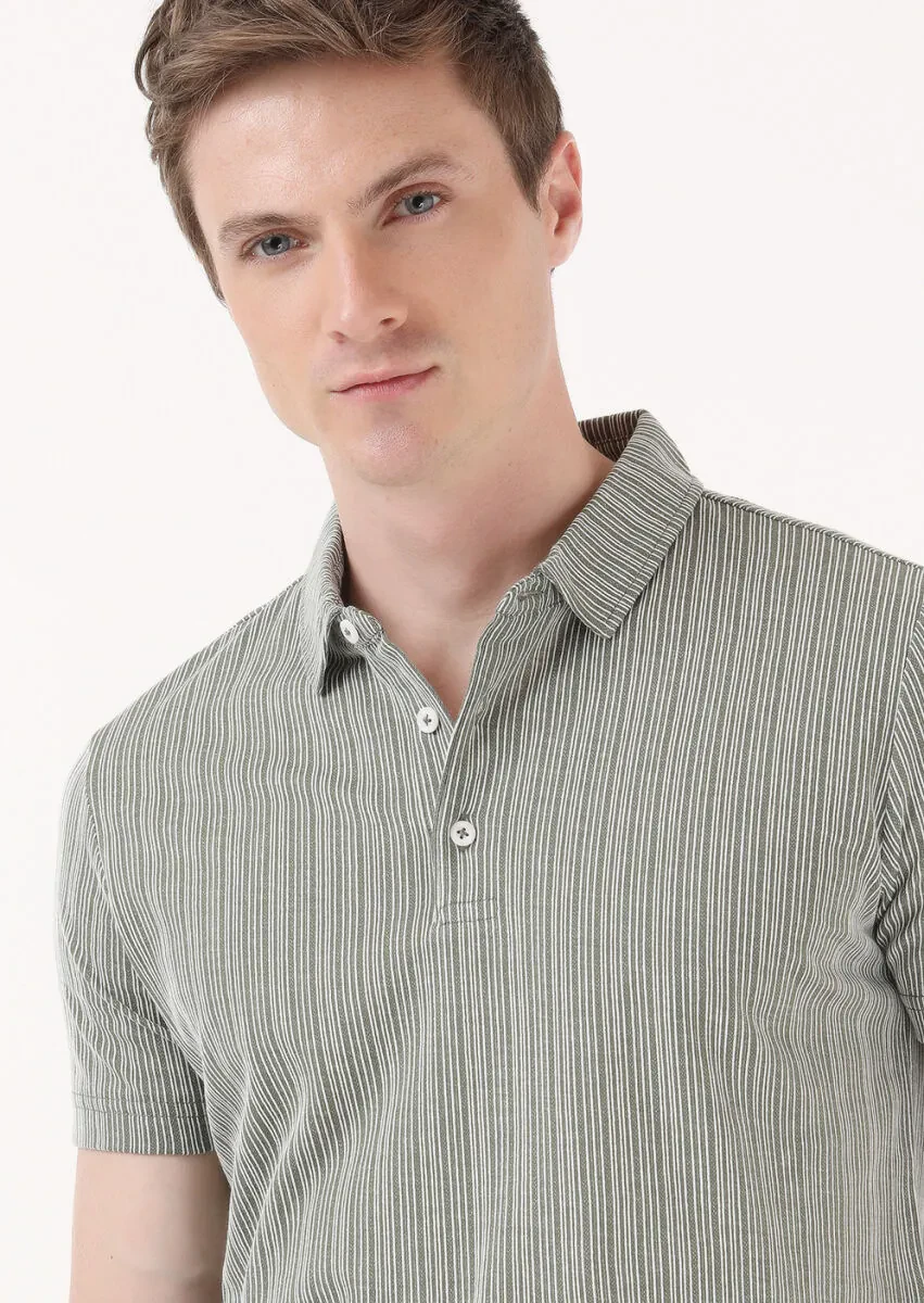 Khaki Jacquard Polo Neck 100% Cotton T-Shirt - 2