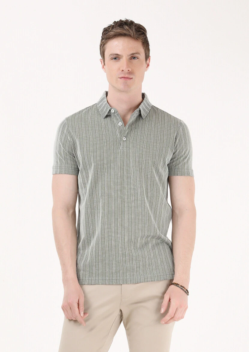Khaki Jacquard Polo Neck 100% Cotton T-Shirt - 3