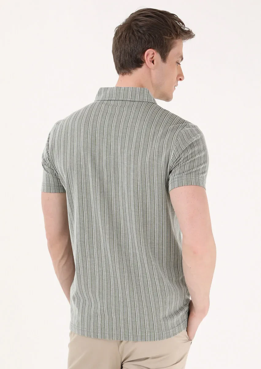 Khaki Jacquard Polo Neck 100% Cotton T-Shirt - 5