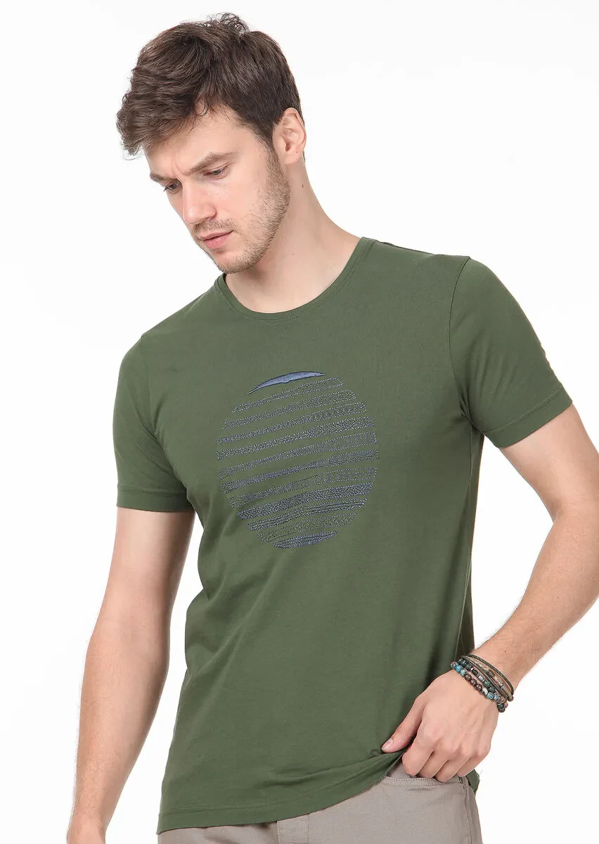 Khaki Patterned 100% Cotton T-Shirt - 2