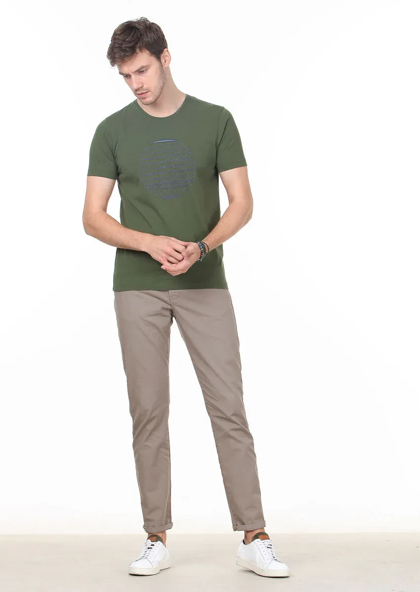 Khaki Patterned 100% Cotton T-Shirt - 3