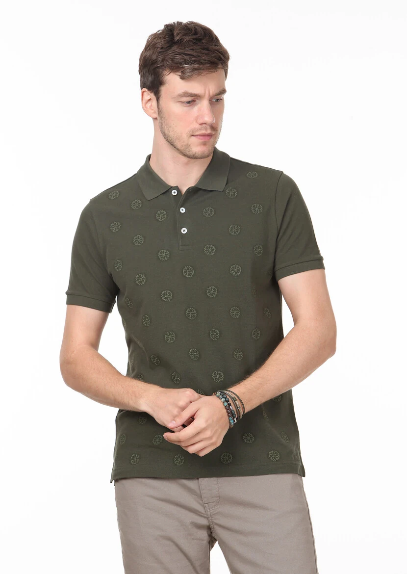 Khaki Patterned Polo Neck 100% Cotton T-Shirt - 1