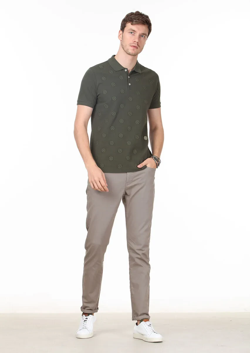 Khaki Patterned Polo Neck 100% Cotton T-Shirt - 3