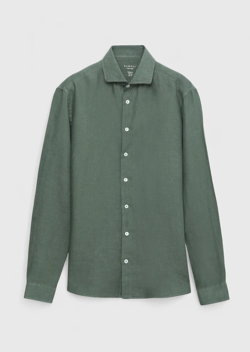 Khaki Plain Casual Fit Weaving Casual 100% Linen Shirt - RAMSEY