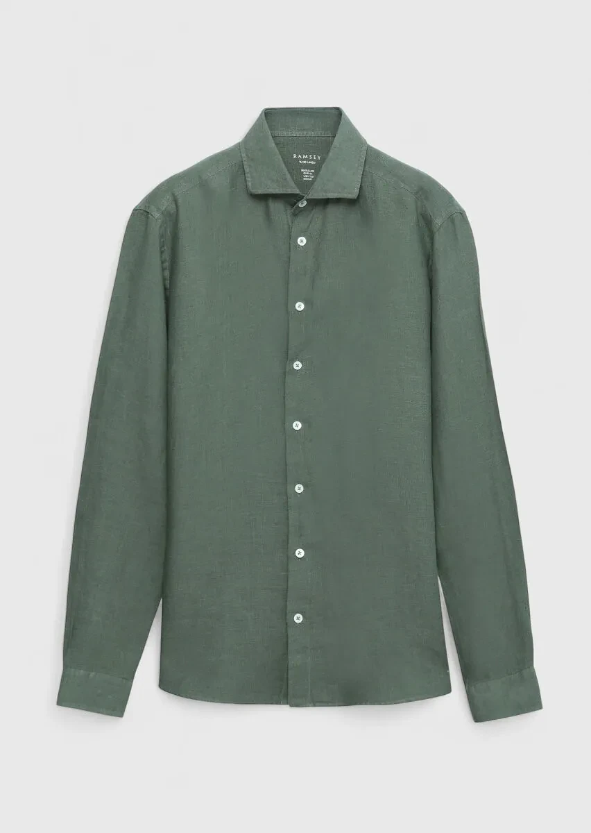 Khaki Plain Casual Fit Weaving Casual 100% Linen Shirt - 1