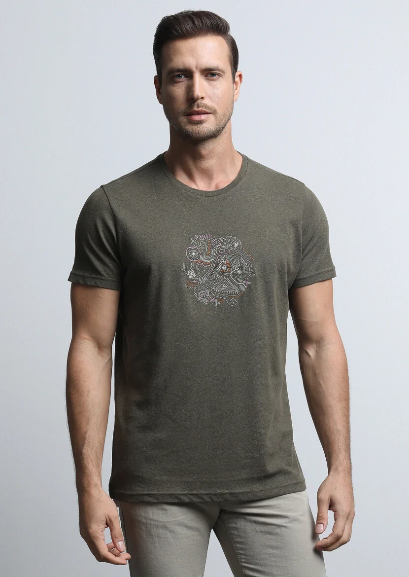 Khaki Plain Cotton Blended T-Shirt - 1