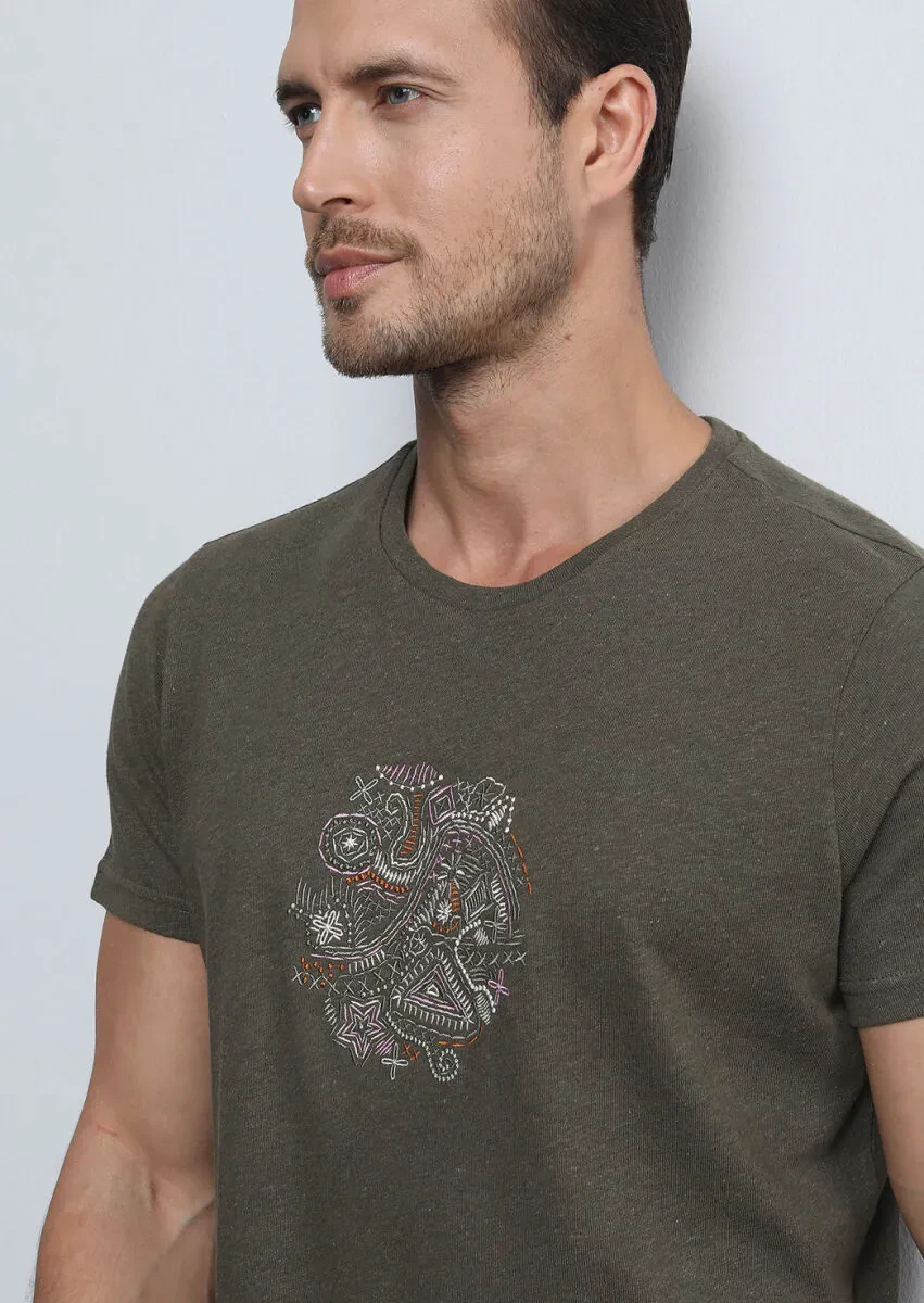 Khaki Plain Cotton Blended T-Shirt - 2