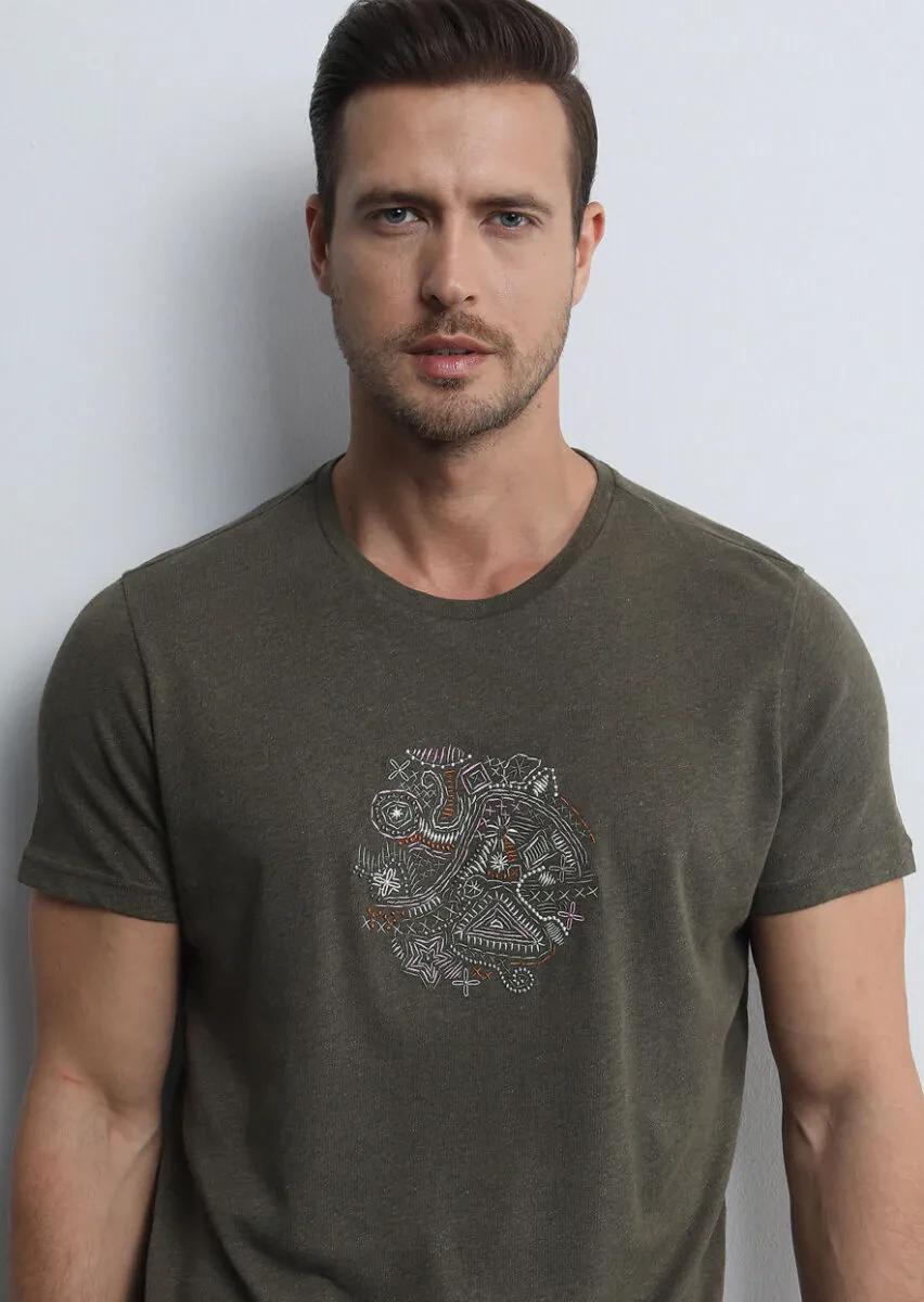 Khaki Plain Cotton Blended T-Shirt - 3