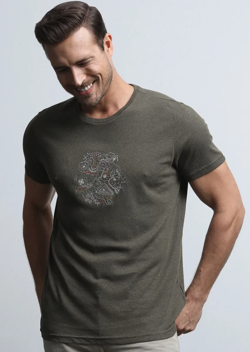 Khaki Plain Cotton Blended T-Shirt - 4