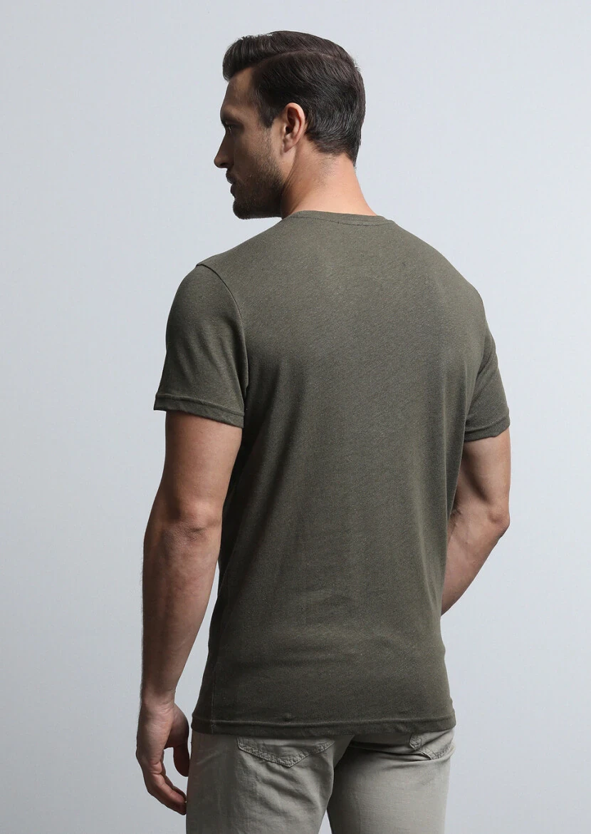 Khaki Plain Cotton Blended T-Shirt - 5