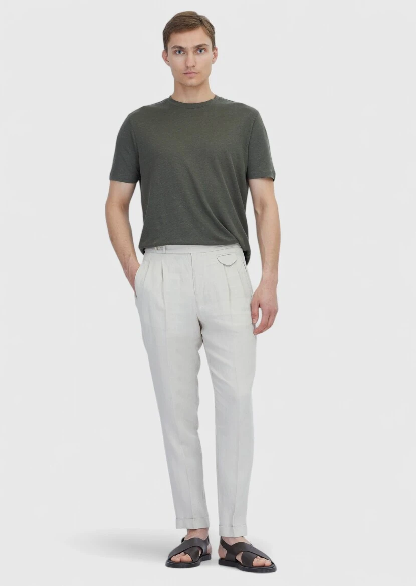 Khaki Plain Crew Neck 100% Linen T-Shirt - RAMSEY