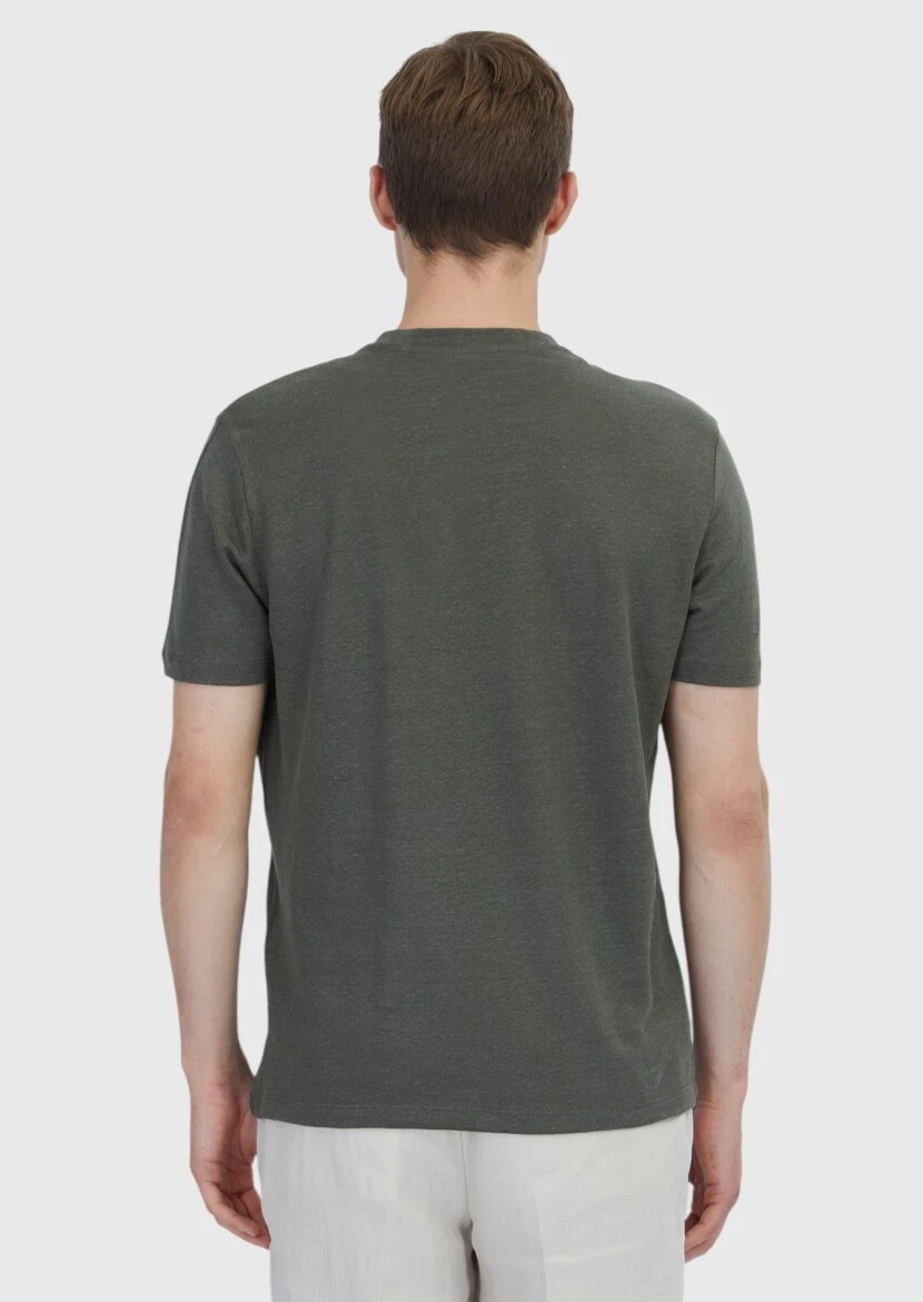 Khaki Plain Crew Neck 100% Linen T-Shirt - 6