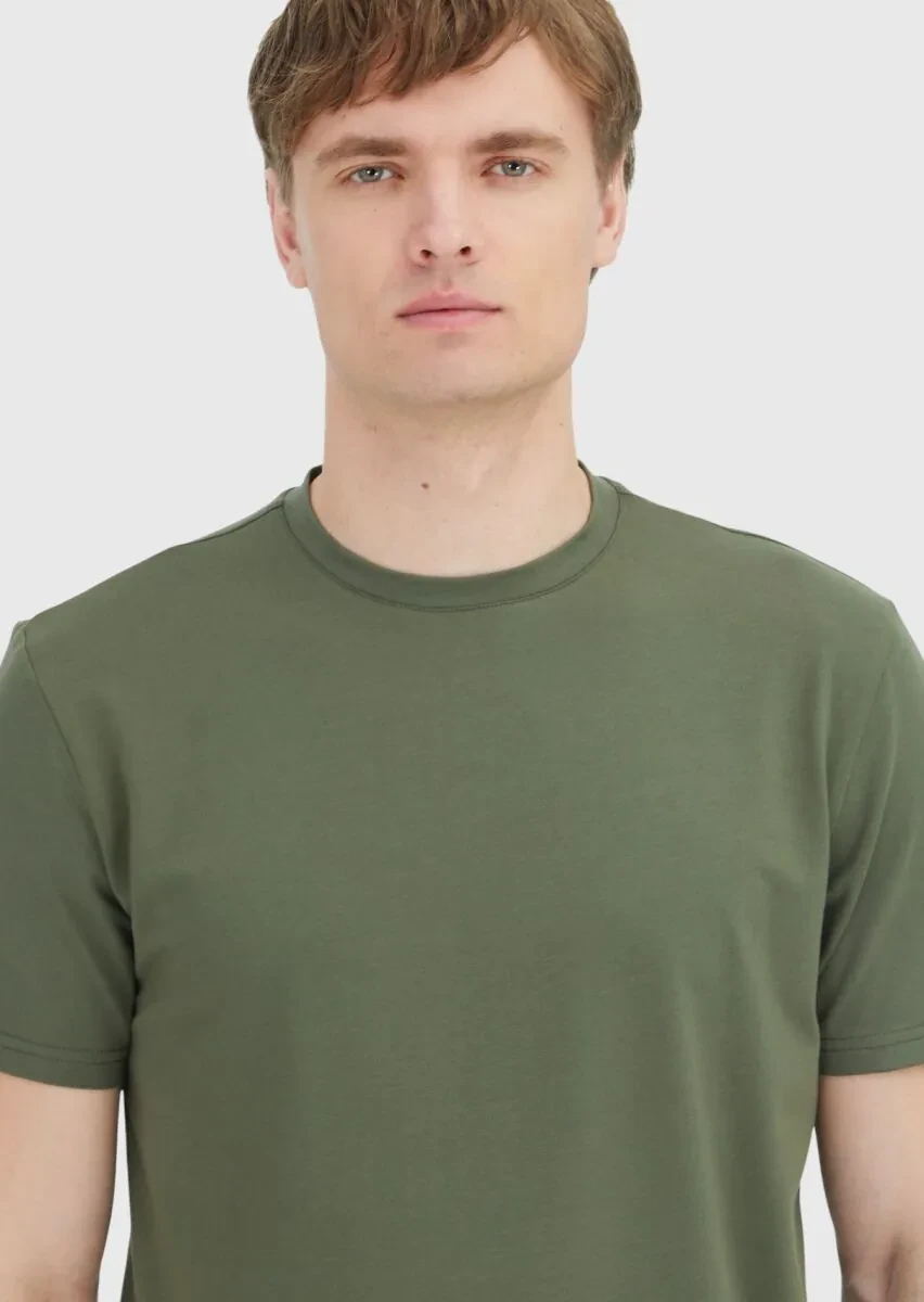 Khaki Plain Crew Neck Cotton Blended T-Shirt - 3