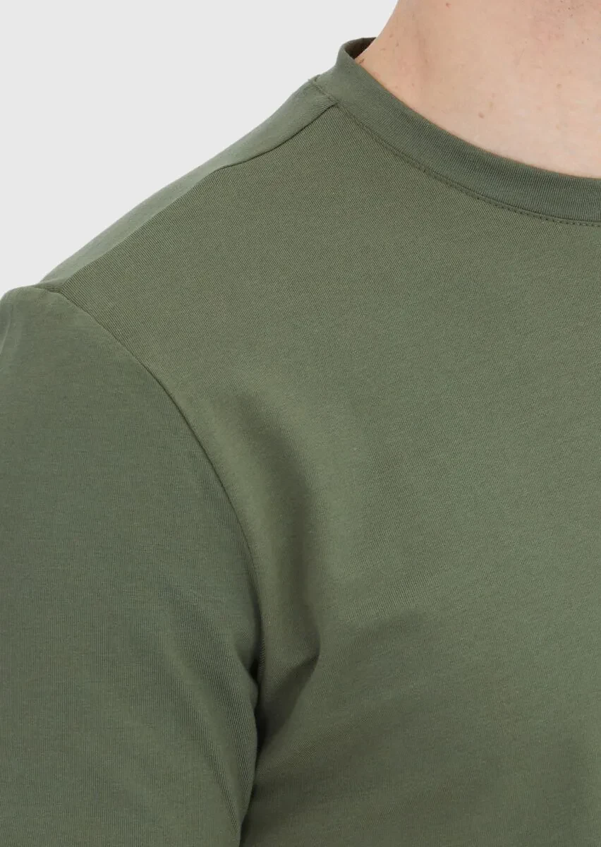 Khaki Plain Crew Neck Cotton Blended T-Shirt - 4