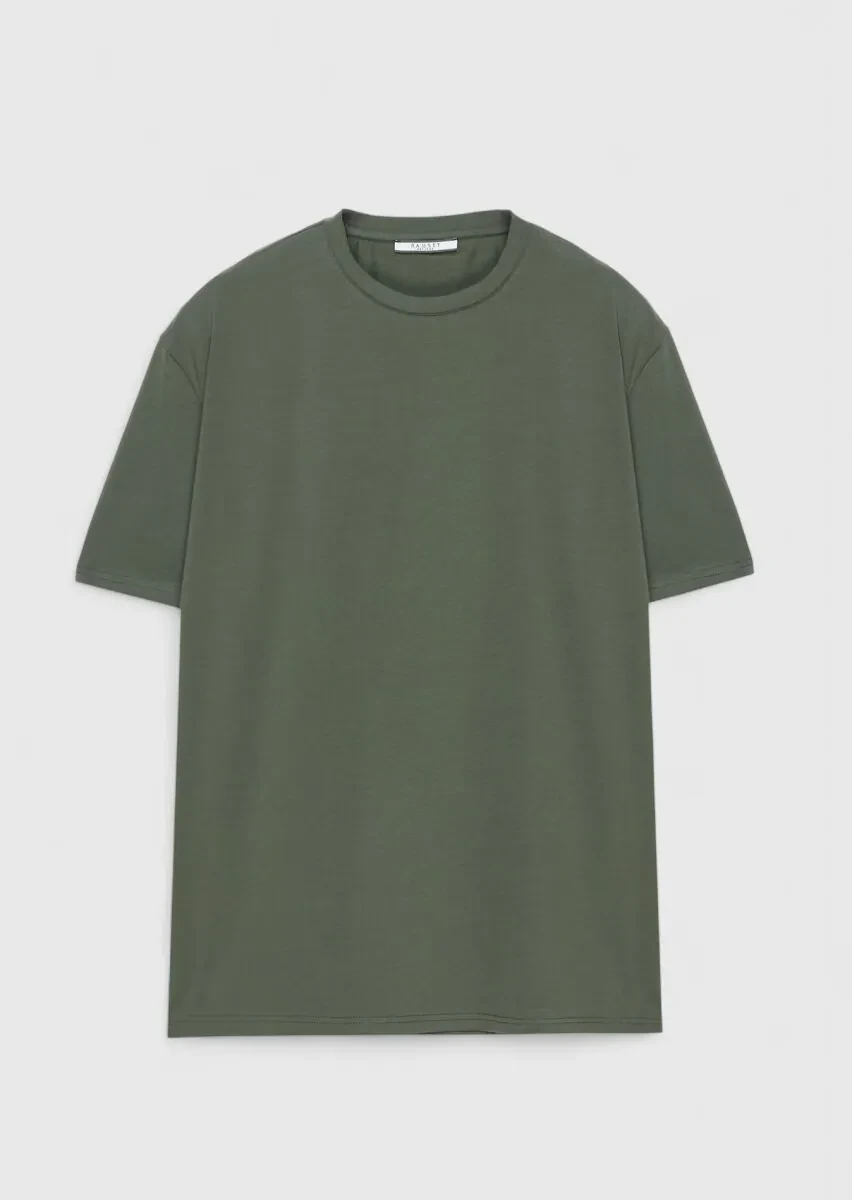 Khaki Plain Crew Neck Cotton Blended T-Shirt - 6