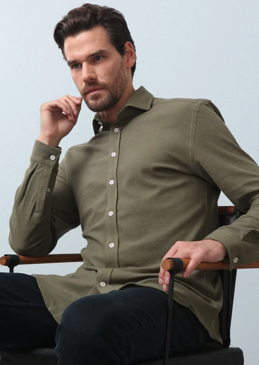 Khaki Plain Fitted Fit Knitting Casual 100% Cotton Shirt - 1
