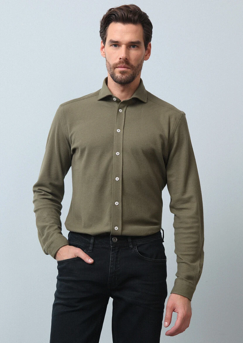 Khaki Plain Fitted Fit Knitting Casual 100% Cotton Shirt 
