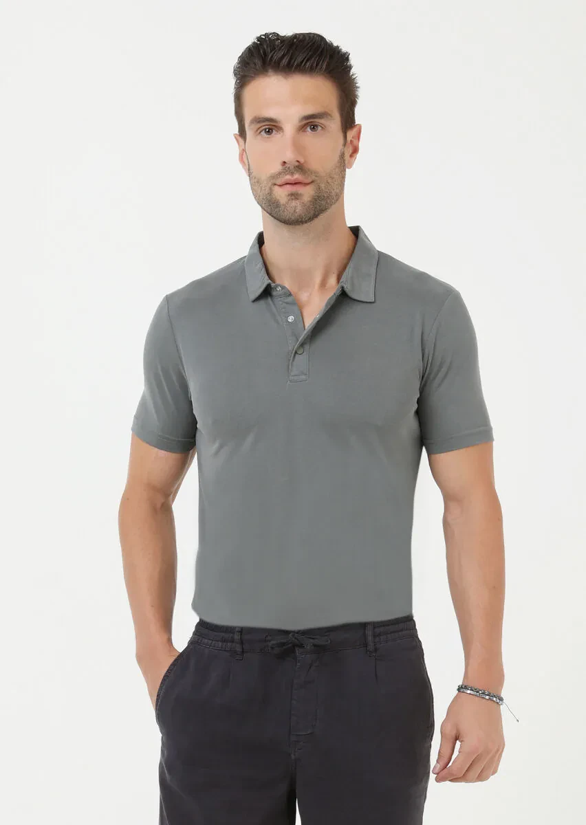 Khaki Plain Polo Neck 100% Cotton T-Shirt - 1