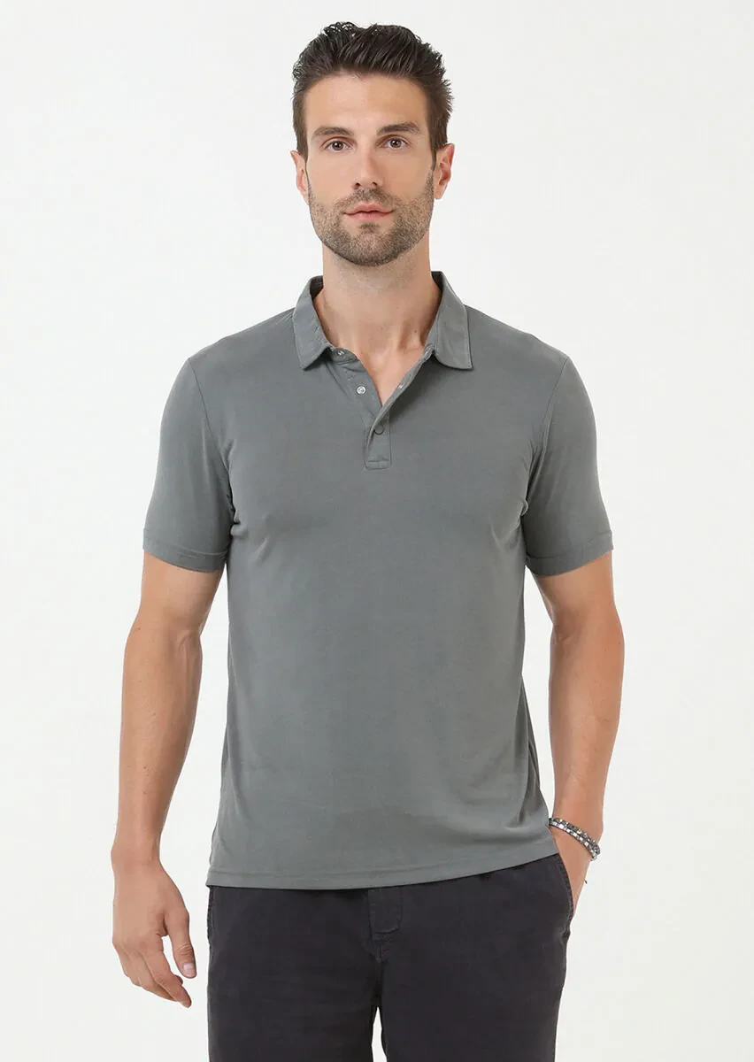 Khaki Plain Polo Neck 100% Cotton T-Shirt - 2