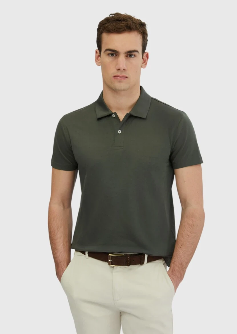 Khaki Plain Polo Neck 100% Cotton T-Shirt - RAMSEY
