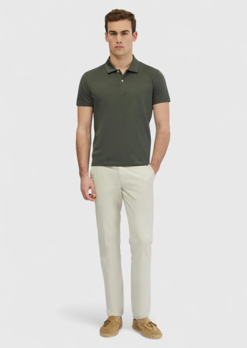 Khaki Plain Polo Neck 100% Cotton T-Shirt - RAMSEY
