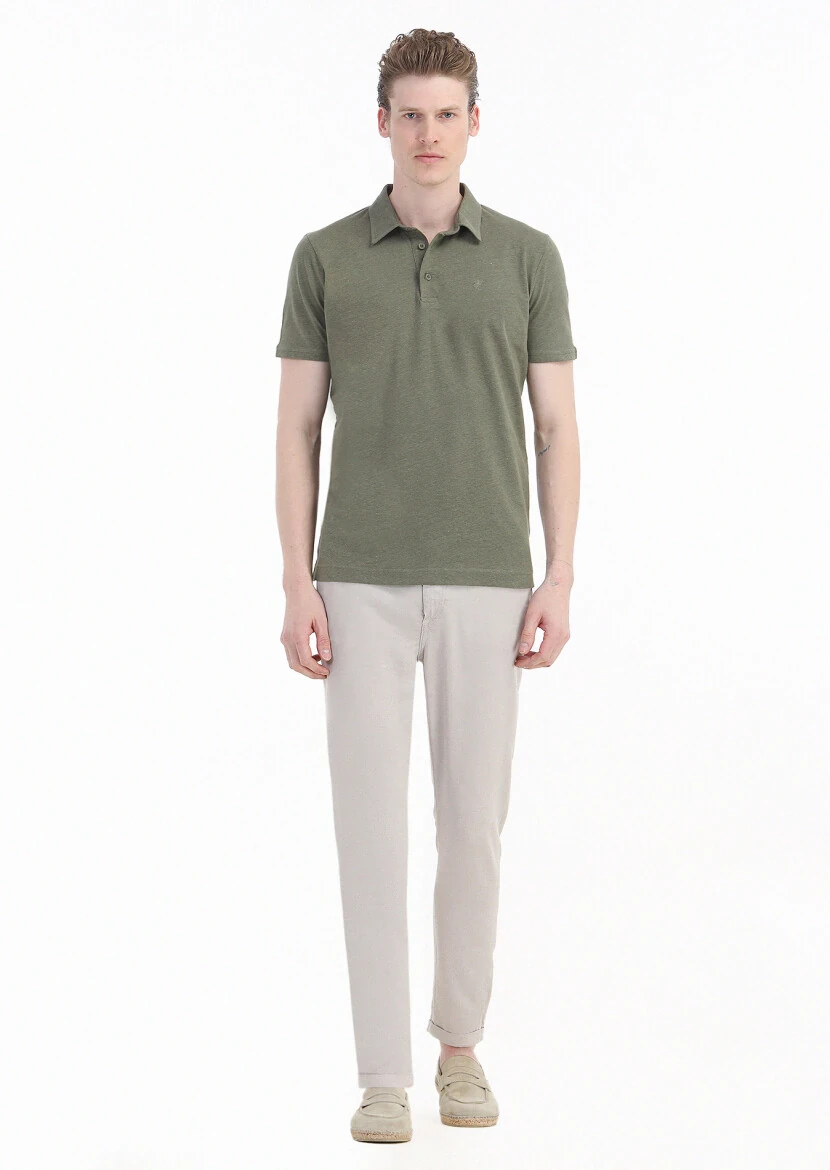 Khaki Plain Polo Neck Cotton Blended T-Shirt - 1