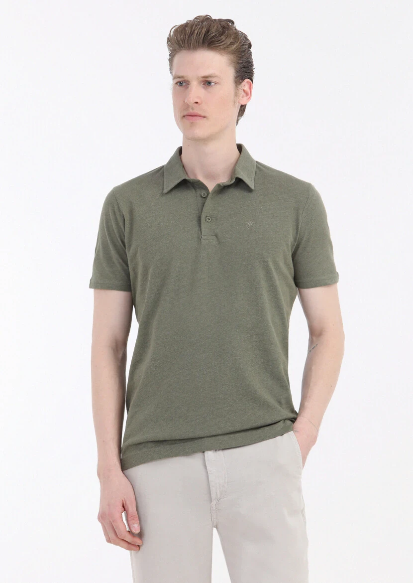 Khaki Plain Polo Neck Cotton Blended T-Shirt 