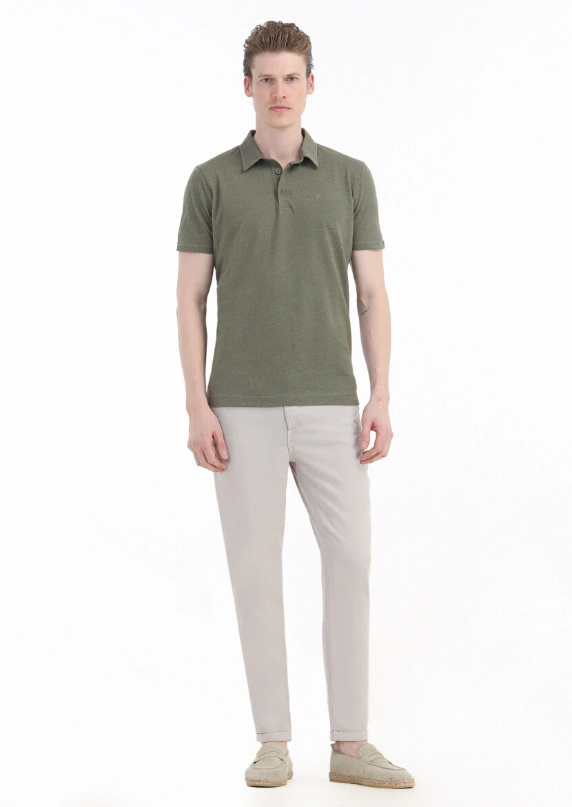 Khaki Plain Polo Neck Cotton Blended T-Shirt - 3