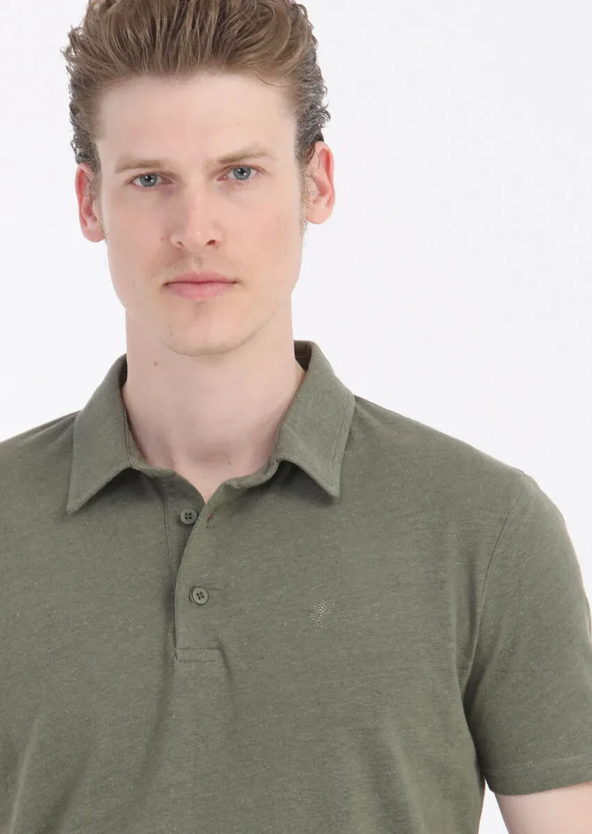 Khaki Plain Polo Neck Cotton Blended T-Shirt - 4