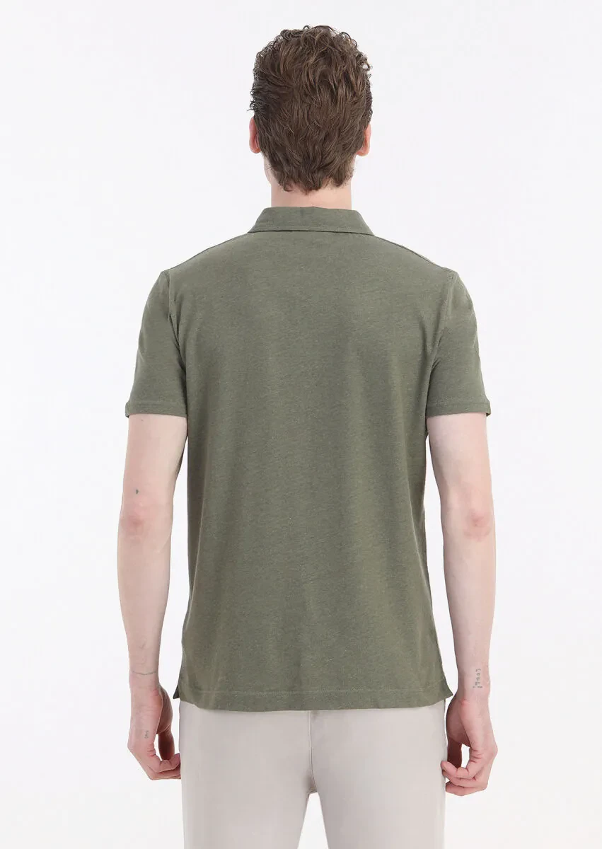 Khaki Plain Polo Neck Cotton Blended T-Shirt - 5