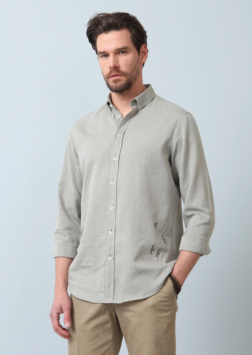 Khaki Plain Regular Fit Weaving Casual 100% Cotton Shirt 
